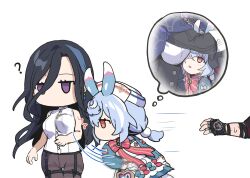 Rule 34 | 1boy, 2girls, ?, absurdres, black hair, blue hair, breast envy, breasts, brown pantyhose, chibi, clorinde (genshin impact), dress, fingerless gloves, genshin impact, gloves, hat, height difference, highres, jitome, long hair, long sleeves, medium breasts, motion blur, motion lines, multicolored hair, multiple girls, no pants, pantyhose, purple eyes, red eyes, sakana (fishchunk), shirt, sigewinne (genshin impact), simple background, slapping, slapping breasts, thought bubble, two-tone hair, unaligned breasts, white background, white shirt, wriothesley (genshin impact)