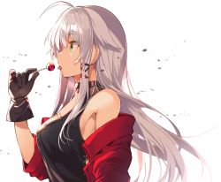Rule 34 | 1girl, absurdres, anceril sacred, bare shoulders, black gloves, breasts, candy, food, gloves, green eyes, highres, holding, jacket, lollipop, long hair, mishima kurone, neckwear request, open mouth, original, red jacket, silver hair, solo, tongue, tongue out, white background
