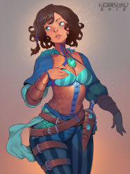 Rule 34 | 1girl, 2018, belt, blue eyes, blue pants, borrowed character, braid, breasts, brown hair, capelet, character name, cleavage, commentary, cowboy shot, dagger, dark-skinned female, dark skin, english commentary, freckles, gradient background, high collar, highres, knife, lace-up, legs together, lips, looking to the side, making-of available, medium breasts, multiple belts, norasuko, nose, original, pants, sheath, sheathed, short hair, side braid, solo, standing, striped legwear, thigh strap, vertical-striped legwear, very dark skin, weapon