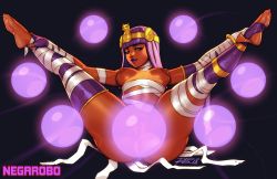 Rule 34 | 1girl, absurdres, ass, breasts, capcom, dark skin, dark-skinned female, feet, female focus, female pubic hair, highres, menat, navel, nipples, pubic hair, pussy, robaato, see-through, solo, spread legs, street fighter