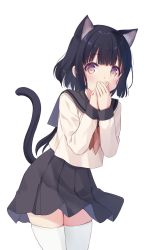 Rule 34 | 1girl, animal ears, black sailor collar, black skirt, blush, brown eyes, cat ears, cat girl, cat tail, commentary, covering own mouth, cowboy shot, extra ears, hands up, highres, na-ga, original, pleated skirt, sailor collar, school uniform, serafuku, short hair, simple background, skindentation, skirt, solo, standing, tail, tail raised, thighhighs, white background, white serafuku, white thighhighs, zettai ryouiki