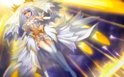Rule 34 | 1girl, 300 heroes, bare shoulders, blue eyes, breasts, bridal gauntlets, bridal veil, cleavage, date a live, dress, floating, frilled dress, frills, gold trim, hair ornament, hairclip, light, official art, open mouth, short hair, small breasts, solo, thighhighs, tobiichi origami, veil, wedding dress, white hair, white thighhighs