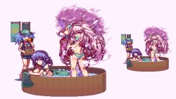 Rule 34 | 3girls, banner, bikini, blue eyes, blue hair, duplicate, fins, food, hair bobbles, hair ornament, hat, hata no kokoro, head fins, hyottoko mask, kawashiro nitori, long hair, looking back, mask, megaphone, mermaid, migel futoshi, monster girl, mouth hold, multiple girls, one-piece swimsuit, open mouth, pink eyes, pink hair, pixel-perfect duplicate, pixel art, popsicle, short hair, simple background, smile, sparkle, striped, swimsuit, touhou, twintails, wakasagihime, water