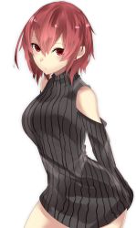 Rule 34 | 1girl, :/, bare shoulders, black dress, blush, breasts, clothing cutout, cowboy shot, dress, highres, long sleeves, looking at viewer, medium breasts, onineko-chan, original, red eyes, red hair, ribbed dress, short hair, shoulder cutout, simple background, solo, white background