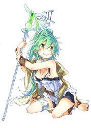 Rule 34 | 1girl, bad id, bad pixiv id, bare shoulders, barefoot, barefoot sandals (jewelry), breasts, cleavage, duel monster, green eyes, green hair, highres, hiro j, long hair, matching hair/eyes, medallion, medium breasts, off shoulder, ponytail, sandals, simple background, sitting, solo, staff, tears, very long hair, wariza, wavy mouth, white background, winda (yu-gi-oh!), winda priestess of gusto, yu-gi-oh!