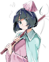 Rule 34 | 1other, amanomiya jun, androgynous, aqua cape, black hair, blue eyes, bob cut, cape, closed mouth, collared cape, commentary request, hair ornament, hemo (hemoroda), holding, len&#039;en, long sleeves, pink shirt, shirt, short hair, simple background, smile, solo, umbrella hair ornament, upper body, white background