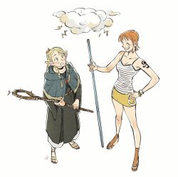 Rule 34 | 2girls, ^ ^, ambrosia (dungeon meshi), arm tattoo, belt, blonde hair, blue capelet, braid, breasts, camisole, capelet, choker, cleavage, clima-tact, closed eyes, cloud, commentary, crossover, dam (okdam3), dungeon meshi, electricity, elf, english commentary, from above, green eyes, grey robe, grin, hand on own hip, highres, holding, holding pole, holding staff, hood, hood down, hooded capelet, impressed, long hair, long sleeves, looking up, marcille donato, medium breasts, miniskirt, multiple girls, nami (one piece), one piece, open mouth, orange hair, pants, parted bangs, pencil skirt, pointy ears, pole, ponytail, robe, sandals, short hair, side braid, skirt, sleeveless, smile, spaghetti strap, sprout, staff, standing, surprised, tattoo, twin braids, white pants, yellow skirt