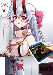 Rule 34 | 1girl, :d, absurdres, adarin, anger vein, berserker (fate/zero), blu-ray, breasts, comic, commentary, controller, cover, dark souls (series), dark souls i, dualshock, english text, fate/grand order, fate/zero, fate (series), final fantasy, final fantasy xv, game controller, gamepad, gameplay mechanics, gloom (expression), hachimaki, headband, heart, highres, holding, horns, oni horns, open mouth, parody, playstation controller, pov, red eyes, sideboob, silver hair, sketch, smile, spoken heart, sword, television, tomoe gozen (fate), video game cover, video game cover (object), weapon