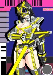 Rule 34 | armor, belt, bikini, bikini armor, bikini bottom only, black hair, bracer, breastplate, breasts, card, card background, crest, curvy, elbow gloves, gloves, headpiece, kamen rider, kamen rider 555, kamen rider kaixa, large breasts, rider-tan, shoulder pads, swimsuit, thick thighs, thighhighs, thighs, visor, weapon