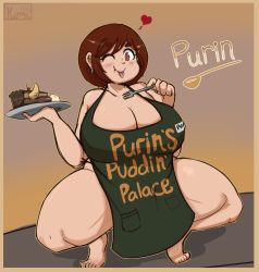 Rule 34 | 1girl, apron, breasts, brown eyes, brown hair, cake, cleavage, earrings, feet, food, heart, highres, huge breasts, jewelry, lightsource, naked apron, one eye closed, plump, purin (lightsource), solo, squatting, thick eyebrows, thick thighs, thighs, tongue, tongue out, wink