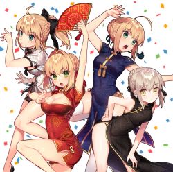 Rule 34 | 10s, 4girls, ahoge, alternate costume, artoria pendragon (all), artoria pendragon (fate), black dress, black panties, blonde hair, blue dress, breasts, china dress, chinese clothes, cleavage, cleavage cutout, clothing cutout, commentary, commentary request, dress, fate/extra, fate/grand order, fate/stay night, fate/unlimited codes, fate (series), green eyes, hair bun, hair ribbon, hand fan, large breasts, legs, medium breasts, multiple girls, nero claudius (fate), nero claudius (fate) (all), nero claudius (fate/extra), panties, pelvic curtain, red dress, ribbon, saber (fate), saber alter, saber lily, sakura yuki (clochette), single hair bun, string panties, teeth, underwear, white background, white dress, white legwear, yellow eyes