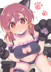 Rule 34 | 1girl, @ @, animal ear fluff, animal ears, animal hands, bare shoulders, black bra, black choker, black panties, blush, bow, bow panties, bra, breasts, brown hair, cat cutout, cat ears, cat lingerie, cat tail, choker, cleavage cutout, clothing cutout, collarbone, commentary, cosplay, detached sleeves, dot nose, embarrassed, flying sweatdrops, frilled bra, frilled choker, frilled panties, frills, from above, gloves, hair between eyes, highres, long hair, looking at viewer, looking up, low twintails, medium breasts, meme attire, multicolored hair, murosaki miyo, navel, non105, onii-chan wa oshimai!, oyama mahiro, oyama mahiro (cosplay), panties, paw gloves, paw pose, paw shoes, red eyes, red hair, simple background, sitting, solo, sweat, tail, thigh strap, twintails, two-tone hair, underwear, white background