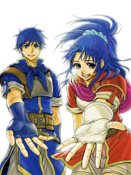 Rule 34 | 1boy, 1girl, armor, backlighting, belt, blue eyes, blue hair, fingerless gloves, fire emblem, fire emblem: new mystery of the emblem, gloves, haru (haruna0112), kris (fire emblem), long hair, looking at viewer, my unit (fe11), nintendo, open mouth, outstretched arm, ponytail, scarf, scrunchie, simple background, smile, white background
