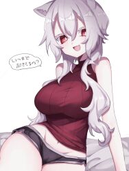 Rule 34 | 1girl, animal ears, black shorts, breasts, cat ears, colored eyelashes, commentary, eyelashes, grey hair, halter shirt, halterneck, highres, kotorineko, large breasts, long hair, looking at viewer, navel, open mouth, original, red eyes, ribbed shirt, shirt, short hair with long locks, short shorts, shorts, sitting, sleeveless, sleeveless shirt, smile, solo, speech bubble, thick eyelashes, translation request, white background