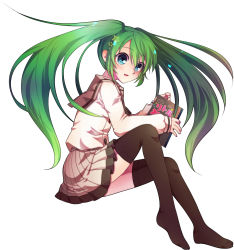 Rule 34 | 1girl, blue eyes, book, female focus, full body, green hair, hatsune miku, highres, long hair, magu, school uniform, simple background, sitting, skirt, solo, thighhighs, twintails, very long hair, vocaloid, white background