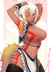 Rule 34 | 1girl, ahoge, arms up, black ribbon, black thighhighs, bracelet, breasts, cleavage, closed mouth, cowboy shot, dark-skinned female, dark skin, facial tattoo, frills, hair between eyes, hair ornament, hairclip, highres, jewelry, large breasts, legs apart, loincloth, looking at viewer, navel, no nipples, one eye closed, original, ponytail, red eyes, ribbon, smile, solo, striped ribbon, tail, tattoo, thighhighs, white hair, xiaodi