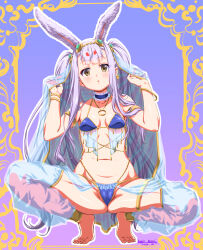 Rule 34 | 1girl, absurdres, animal ears, arms up, ass, azur lane, barefoot, bikini, blue bikini, bracelet, breasts, brown eyes, cameltoe, circlet, commentary request, feet, gem, harem outfit, highleg, highleg bikini, highres, jewelry, legs, long hair, looking at viewer, navel, necklace, rabbit ears, rabbit girl, shimakaze (azur lane), small breasts, solo, spread legs, squatting, stomach, swimsuit, thighlet, thighs, toes, two side up, umyonge (lkakeu), very long hair, white hair