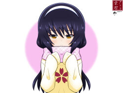 Rule 34 | 1girl, absurdres, aikazilla, artist logo, artist name, black hair, brown eyes, casual, closed mouth, commentary, enpera, girls und panzer, hairband, half-closed eyes, highres, long hair, long sleeves, looking at viewer, purple scarf, reizei mako, scarf, sleeves past fingers, sleeves past wrists, smile, solo, sweater, twitter username, upper body, white hairband, winter clothes, yellow sweater