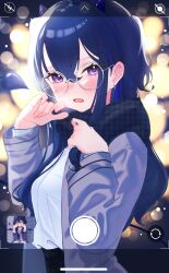 Rule 34 | 1girl, absurdres, black scarf, blue hair, blush, fang, glasses, hair between eyes, highres, horns, ichinose uruha, jacket, long hair, long sleeves, meercat dayo, open clothes, open jacket, open mouth, purple eyes, purple horns, purple jacket, round eyewear, scarf, shirt, solo, virtual youtuber, vspo!, white-framed eyewear, white shirt