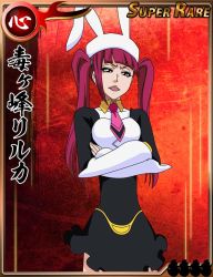 Rule 34 | 1girl, animal ears, black dress, bleach, bleach bankai battle, breasts, card (medium), crossed arms, dokugamine riruka, dress, fake animal ears, fingernails, hat, large breasts, lips, long hair, looking at viewer, official art, open mouth, pink eyes, pink hair, rabbit ears, simple background, smug, solo, standing, tsundere, twintails, very long hair, wide hips