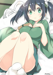 Rule 34 | 10s, 1girl, absurdres, artist name, black hair, blush, breast suppress, breasts, gloves, green eyes, hair between eyes, hair ribbon, hands on own chest, headband, highres, japanese clothes, kantai collection, knees up, large breasts, looking at viewer, lying, on back, partially fingerless gloves, partly fingerless gloves, ribbon, ryuki (ryukisukune), signature, socks, solo, souryuu (kancolle), twintails, yugake