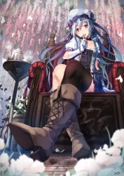 Rule 34 | 1girl, asymmetrical legwear, black thighhighs, blue eyes, blue hair, blurry, blush, boots, choker, commentary request, cross-laced clothes, cross-laced footwear, crossed legs, crying, depth of field, flower, foreshortening, gloves, hat, high heel boots, high heels, highres, knee boots, lace-up boots, lee-chan (saraki), lee (saraki), long hair, open mouth, original, saraki, shoe soles, solo, streaming tears, teapot, tears, thighhighs, throne, uneven legwear, white gloves