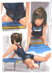 Rule 34 | 1girl, bare arms, bare legs, barefoot, black one-piece swimsuit, blush, brown hair, closed eyes, crotch rub, female masturbation, hair between eyes, i-401 (kancolle), kantai collection, long hair, masturbation, motion lines, multiple views, name tag, one-piece swimsuit, open mouth, ponytail, school swimsuit, shiden (sashimi no wife), swimsuit, table humping, tan, tanline