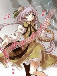 Rule 34 | 1girl, beamed quavers, biwa lute, chain, dress, flower, hair flower, hair ornament, instrument, light purple hair, lightning, long hair, low twintails, lute (instrument), musical note, namuko, purple eyes, quaver, solo, staff (music), touhou, treble clef, tsukumo benben, twintails