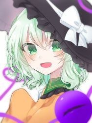 Rule 34 | 1girl, :d, black hat, blurry, blurry background, blush, bow, commentary request, depth of field, eringi (rmrafrn), frilled hat, frills, green eyes, green hair, hair between eyes, hand up, hat, hat bow, heart, heart of string, koishi day, komeiji koishi, long hair, long sleeves, looking at viewer, looking to the side, open mouth, orange shirt, shirt, simple background, sleeves past fingers, sleeves past wrists, smile, solo, third eye, touhou, upper body, white background, white bow