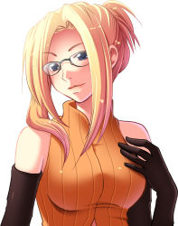 Rule 34 | 1990s (style), 1girl, bare shoulders, blonde hair, blue eyes, elbow gloves, final fantasy, final fantasy viii, glasses, gloves, hand on own chest, quistis trepe, rena (ryui), retro artstyle, simple background, smile, solo, white background