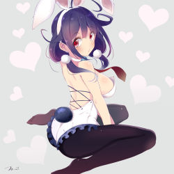 Rule 34 | 10s, 1girl, ahoge, animal ears, back, black pantyhose, blunt bangs, blush, body blush, breasts, choker, cross-laced footwear, earrings, eyebrows, fake animal ears, fake tail, from behind, from side, hair flaps, heart, heart background, highres, jewelry, kantai collection, large breasts, leotard, looking back, no shoes, o3o, open mouth, pantyhose, pink eyes, playboy bunny, pom pom (cheerleading), purple hair, rabbit ears, rabbit tail, sideboob, signature, sitting, solo, taigei (kancolle), tail, tebi (tbd11), wariza, white choker