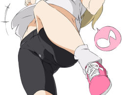 Rule 34 | 10s, 1girl, bike shorts, cameltoe, from below, leg up, midriff, minamino kanade, navel, pantylines, precure, simple background, skin tight, solo, suite precure, umanosuke, upshirt, white background, white legwear