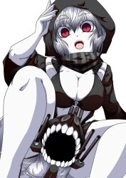 Rule 34 | 10s, 1girl, abyssal ship, bad id, bad pixiv id, breasts, hood, hoodie, kantai collection, large breasts, narura, o-ring, o-ring top, pale skin, re-class battleship, red eyes, scarf, silver hair, teeth