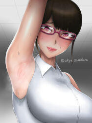 Rule 34 | 1girl, armpits, blush, breasts, brown hair, ceiling, collared shirt, from below, glasses, highres, large breasts, lips, looking at viewer, original, pink hair, presenting armpit, shirt, sidelocks, signature, sleeveless, smell, smile, stained clothes, steam, sweat, sweaty clothes, teacher, tile ceiling, tiles, ukyo samidare, white shirt