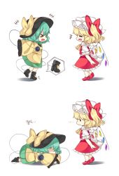 Rule 34 | &gt; &lt;, +++, 2girls, :d, > <, bad id, bad twitter id, blonde hair, boots, cheunes, chibi, comic, crystal, closed eyes, fallen down, female focus, flandre scarlet, green hair, hat, highres, komeiji koishi, lying, mary janes, multiple girls, on stomach, open mouth, outstretched arms, ribbon, shirt, shoes, short hair, side ponytail, skirt, sleeves past wrists, smile, third eye, touhou, tripping, vest, white background, wings, xd