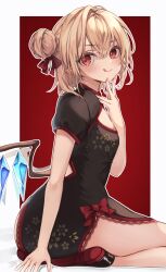 Rule 34 | 1girl, alternate costume, black dress, black footwear, blonde hair, blush, breasts, center opening, china dress, chinese clothes, closed mouth, crystal, dress, fingernails, flandre scarlet, hair between eyes, hair bun, highres, looking at viewer, red eyes, shoes, short hair, short sleeves, single side bun, sitting, small breasts, smile, solo, tongue, tongue out, touhou, wings, yuineko