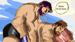 Rule 34 | 2boys, arrow (symbol), bara, beard, blush, boxer briefs, breath, brown hair, bulge, bulge to ass, dry humping, facial hair, frottage, height, height difference, highres, humping, lying, lying on person, male focus, male underwear, mature male, multiple boys, mustache, non-web source, on stomach, original, pillow, sexually suggestive, short hair, sideburns, stomach, topless male, underwear, yaoi, yatsuoshi 53