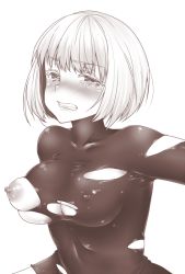 Rule 34 | 1girl, blush, bob cut, bodysuit, breasts, brown theme, clenched teeth, copyright request, greyscale, kazabuki poni, large breasts, looking at viewer, monochrome, nipples, short hair, simple background, solo, tears, teeth, torn bodysuit, torn clothes, white background