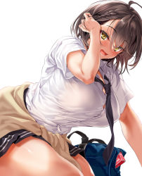 Rule 34 | 1girl, ahoge, azur lane, baltimore (after-school ace) (azur lane), baltimore (azur lane), beige cardigan, black necktie, black skirt, blush, breasts, brown hair, cardigan, cardigan around waist, choker, cle masahiro, clothes around waist, collared shirt, highres, large breasts, looking at viewer, necktie, official alternate costume, shirt, short hair, short sleeves, simple background, skirt, smile, solo, tied sweater, white shirt, yellow eyes