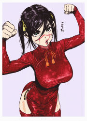 Rule 34 | 1girl, :o, arms up, black hair, blue eyes, breasts, china dress, chinese clothes, collar, collared dress, colorized, commentary request, cowboy shot, dress, facial scar, framed, from above, genderswap, genderswap (mtf), golden kamuy, green eyes, hair between eyes, hair ornament, hair ribbon, highres, kimidake, large breasts, lips, long sleeves, looking at viewer, medium hair, odioart, open mouth, partial commentary, red dress, red lips, red thighhighs, ribbon, scar, scar on cheek, scar on face, scar on mouth, scar on nose, simple background, skindentation, solo, standing, sugimoto saichi, thighhighs, third-party edit, translation request, twintails, upper body, white background, yellow ribbon