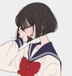 1girl black_hair blue_sailor_collar bob_cut bow crying crying_with_eyes_open from_side hand_in_own_hair long_eyelashes neckerchief original pink_lips red_bow red_neckerchief rikuwo sailor_collar school_uniform serafuku short_hair solo sparkle teardrop tears white_background white_serafuku yellow_eyes