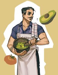 Rule 34 | 1boy, animification, apron, avocado, better call saul, black eyes, black hair, black pants, blue shirt, bowl, breaking bad, collared shirt, commentary, facial hair, guacamole, hair behind ear, highres, holding, holding bowl, jui (dirtybigrat), lalo salamanca, looking to the side, male focus, mustache, outline, pants, shirt, smile, solo, soul patch, tomato, white apron, white outline