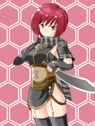 Rule 34 | 1girl, black thighhighs, breasts, gloves, grey eyes, highres, honeycomb (pattern), honeycomb background, honeycomb pattern, nel zelpher, pink background, red hair, scarf, short hair, sideboob, solo, star ocean, star ocean till the end of time, striped clothes, striped scarf, sword, tattoo, thighhighs, toragon, weapon