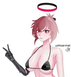 Rule 34 | 1girl, absurdres, arm up, azur lane, bare shoulders, bikini, bikini top only, black bikini, breasts, collarbone, covered erect nipples, duca degli abruzzi (azur lane), duca degli abruzzi (lustrous onyx sirenetta) (azur lane), gauntlets, highres, large breasts, looking at viewer, medium hair, official alternate costume, open mouth, prosthesis, prosthetic arm, red eyes, red hair, ribra21, solo, swimsuit, upper body, v, white background
