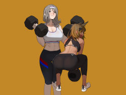 Rule 34 | 2girls, abs, animal ears, ass, black pants, blush, breasts, closed mouth, cr-21 (girls&#039; frontline), dumbbell, exercising, girls&#039; frontline, grey hair, hair ornament, hairband, highres, hong doo, k3 (girls&#039; frontline), large breasts, long hair, looking at viewer, midriff, multiple girls, open mouth, pants, simple background, tank top, weightlifting, weights, white footwear, yellow background, yellow eyes