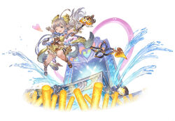 Rule 34 | dress, feet, full body, gold, granblue fantasy, grey hair, lilele (granblue fantasy), one eye closed, open mouth, pointy ears, sandals, smile, tagme, white background