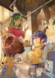 Rule 34 | 3girls, alternate costume, animal bag, arknights, arm cutout, auguste, back, backpack, bag, beret, black skirt, blue hair, blue headwear, blue shorts, bookshelf, breasts, bubble tea, bubble tea challenge, cameo, casual, ch&#039;en (arknights), chinese commentary, closed mouth, crop top, cursive, denim, denim shorts, detached wings, dragon horns, drink, drinking straw, exusiai (arknights), from behind, frostnova (arknights), green eyes, green hair, hair between eyes, halo, hat, highres, horns, hoshiguma (arknights), indoors, light, long hair, m/, medium breasts, medium hair, mephisto (arknights), multiple girls, object on breast, orange hair, plant, pom pom (clothes), poster (object), red eyes, red shirt, rhodes island logo (arknights), shirt, short hair, short shorts, shorts, single horn, sitting, skin-covered horns, skirt, smile, spoon, stuffed animal, stuffed toy, sugar cube, sweater, table, tank top, teddy bear, turtleneck, twintails, w (arknights), wanted, white shirt, white tank top, wings, wristband, yellow sweater