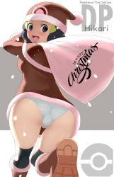 Rule 34 | 1girl, alternate costume, ass, black thighhighs, blush, boots, brown capelet, brown hat, capelet, character name, copyright name, creatures (company), dawn (pokemon), english text, fur-trimmed headwear, fur trim, game freak, hat, highres, makoto daikichi, merry christmas, nintendo, open mouth, panties, pokemon, pokemon dppt, santa hat, snow, solo, striped clothes, striped panties, thighhighs, underwear