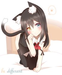 Rule 34 | 1girl, animal ears, ass, bed, black hair, blush, cat ears, cat tail, english text, expressionless, heterochromia, highres, looking at viewer, non (wednesday-classic), original, paw pose, sleeveless, spoken paw, tail, thighhighs
