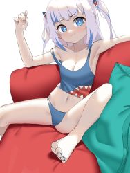 Rule 34 | 1girl, adapted costume, armpits, blue eyes, blue hair, blue nails, blue panties, blunt bangs, breasts, camisole, cleavage, collarbone, couch, crop top, dorsiflexion, gawr gura, highres, hololive, hololive english, kouy, looking at viewer, medium breasts, medium hair, midriff, multicolored hair, nail polish, navel, panties, pillow, silver hair, sitting, solo, spread legs, stomach, strap slip, streaked hair, toenail polish, toenails, toes, two side up, underwear, virtual youtuber